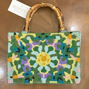 Laura Park pieces Summer Beaded Floral Green Handbag bamboo handle New spot $189